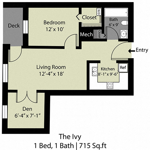 Floor plan for 1 bed, 1 bath, 715 sqft